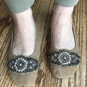 Italian Camel Beaded Suede Ballet Flats- Size 38 (7.5).